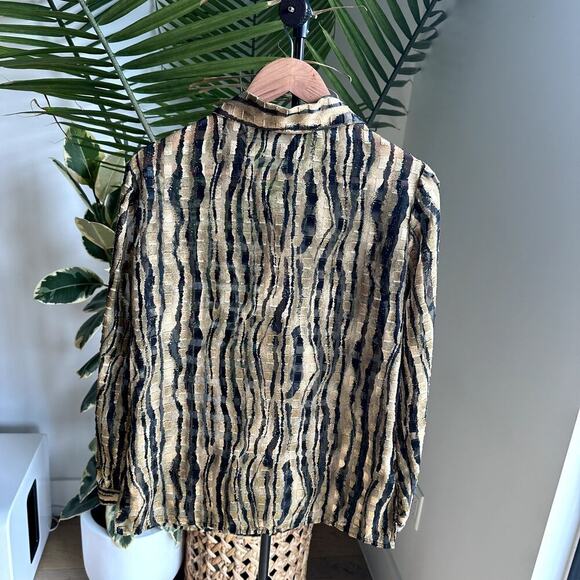 Notations Gold Black Zebra Sheer Blouse S Button Up Y2K Retro Statement - Picture 2 of 7